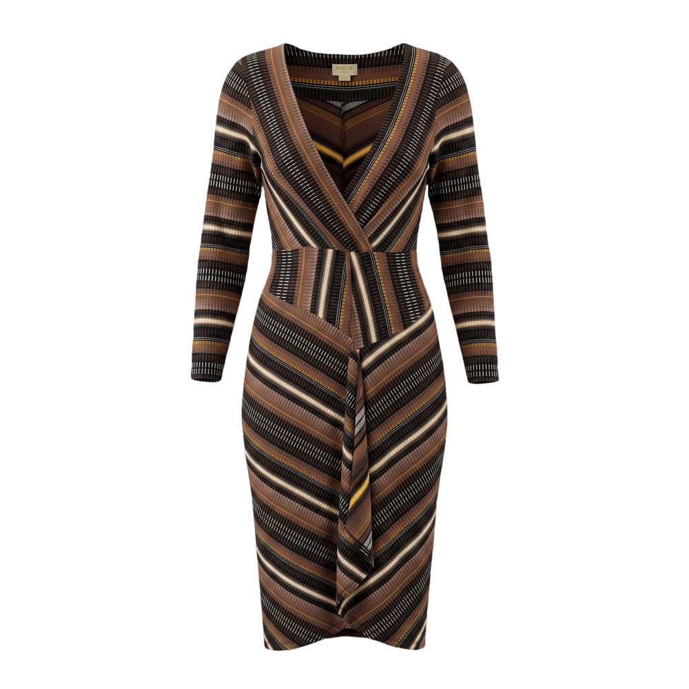 Maeve Anthropologie black and brown striped wrap dress with long sleeves, tie wa